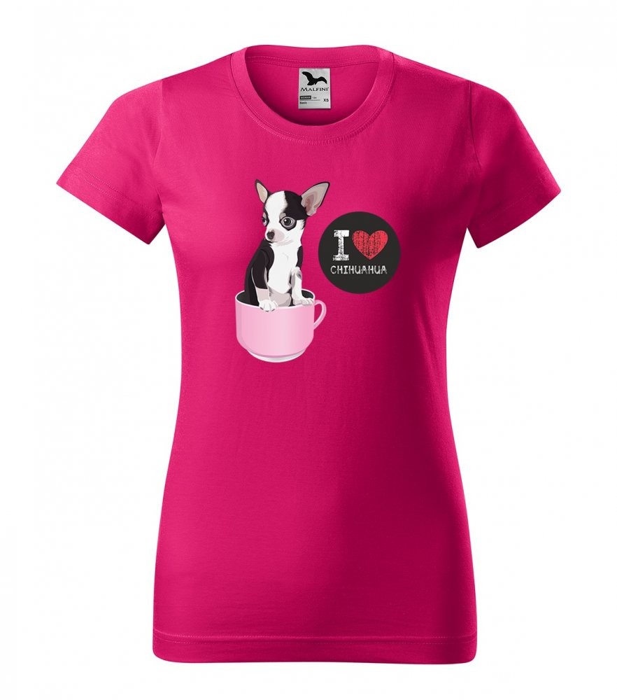 Kvalitné bavlnené dámske tričko s potlačou plemena čivava Ružová XS