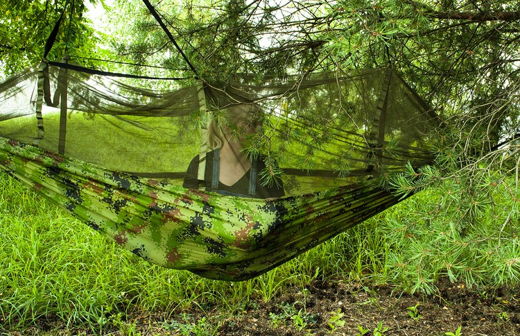 Hamac turistic cu plasă de țânțari SANTIAGO ARMY - 260 × 140 cm