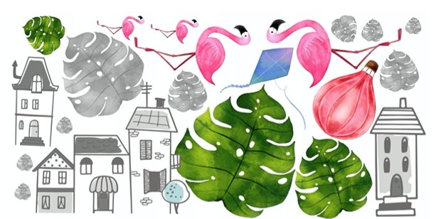 Autocolant de perete exotic pentru camera fetelor, cu flamingo 60 x 120 cm