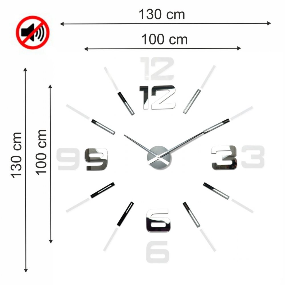 Ceas mare de perete adeziv cu oglindă, 130 cm