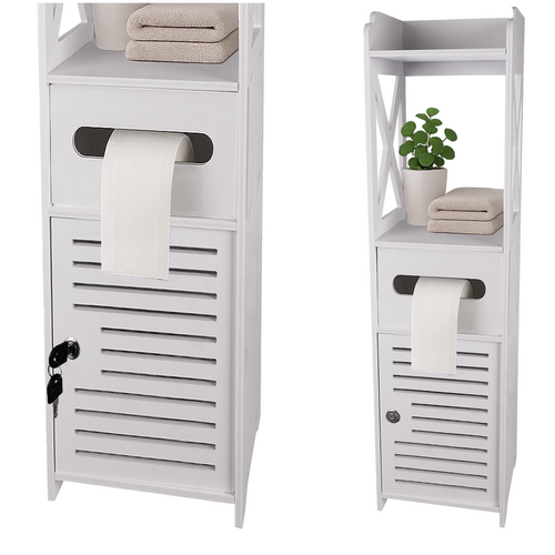 Dulap de baie freestanding cu suport pentru hârtie igienică - alb
