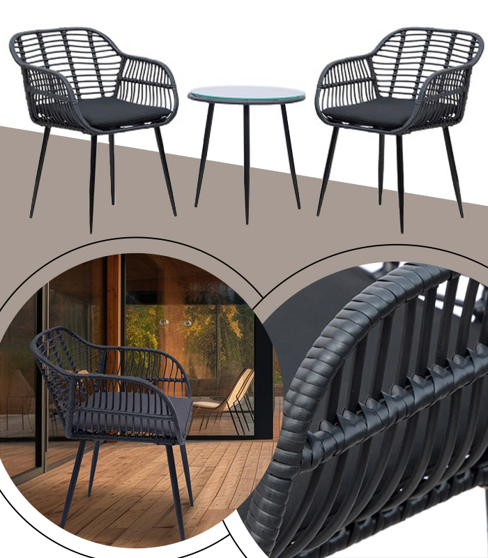 Set de grădină din rattan NAPOLI - set negru cu 2 scaune și masă