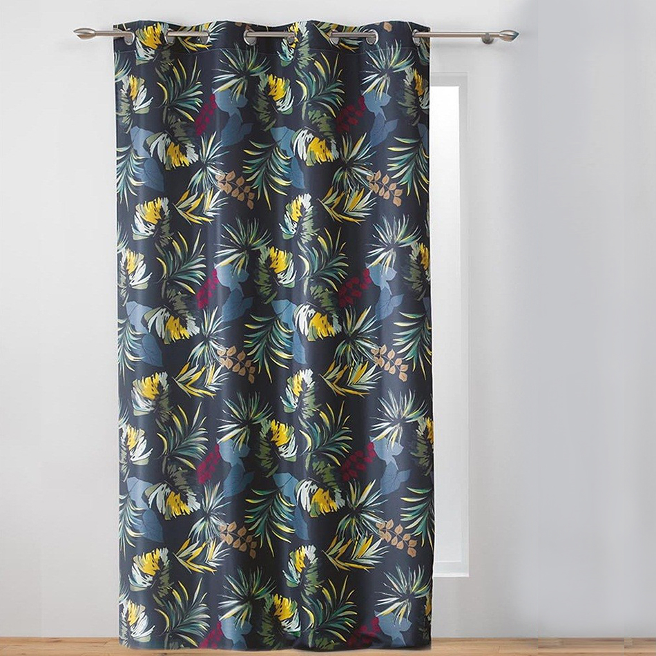 Draperie pe cercuri neagră cu frunze colorate 140 x 260 cm