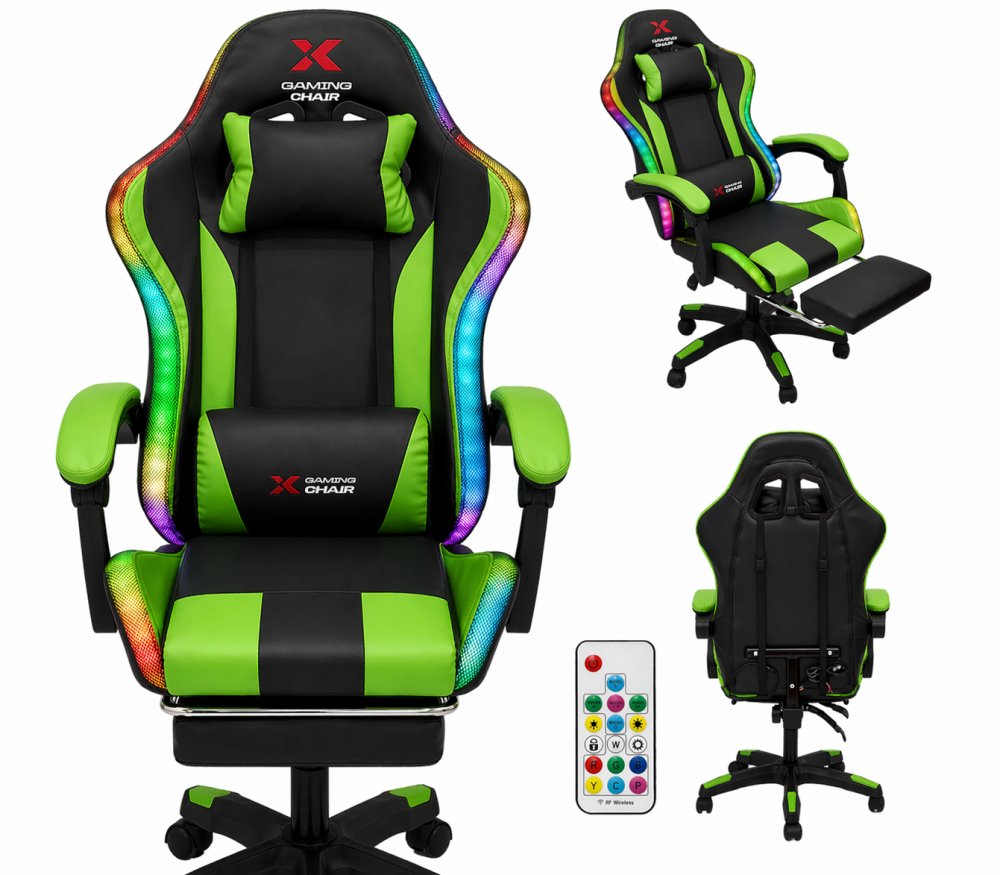 Herní křeslo Xgaming LED s opěrkou nohou – černo-zelené