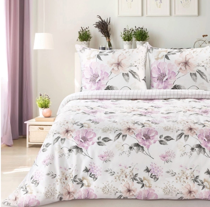 Cearșafuri reversibile din bumbac sateen - alb cu flori roz 3 părți: 1 buc 220x200 + 2 buc 70x80