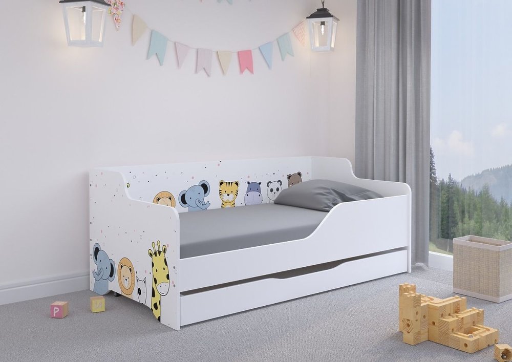 Pat pentru copii, cu design de animale, 160x80 cm