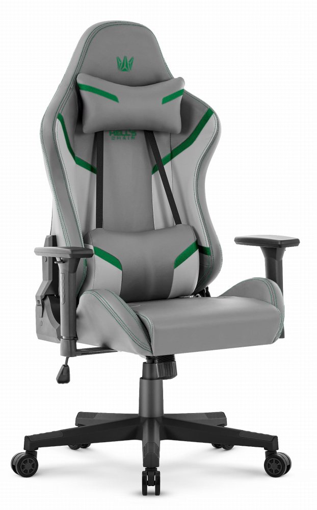 Scaun ergonomic de gaming HC-2002, cu o capacitate de încărcare de 150 kg – gri cu detalii verzi