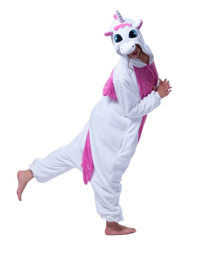 Pohodlné ružovo biele kigurumi s motívom jednorožca veľkosť L