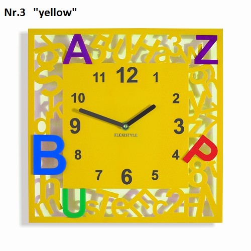 Čtvercové dětské hodiny s písmenky Žlutá