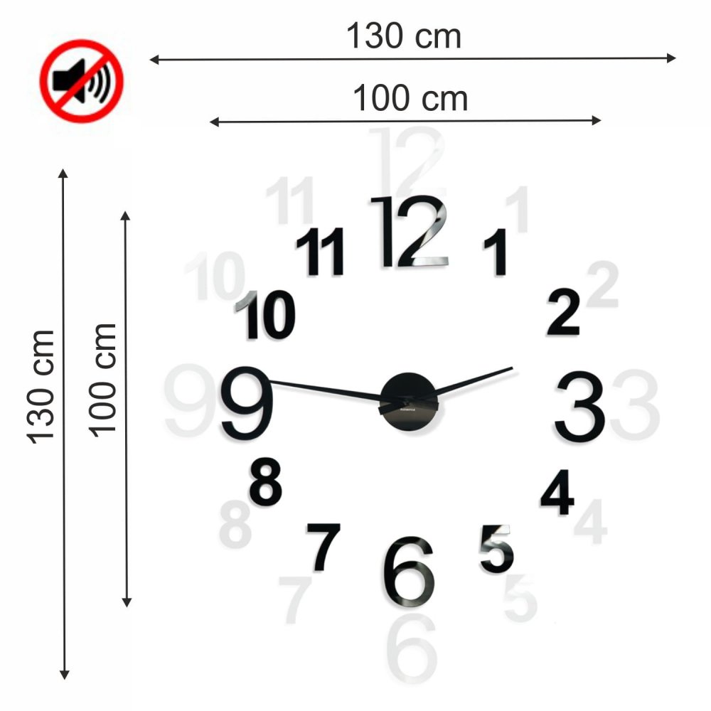 Ceas de perete de design negru, adeziv, 130 cm