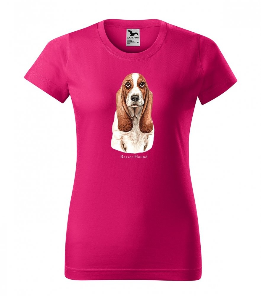 Trendy dámske bavlnené tričko s potlačou poľovníckeho psa basset Ružová XS
