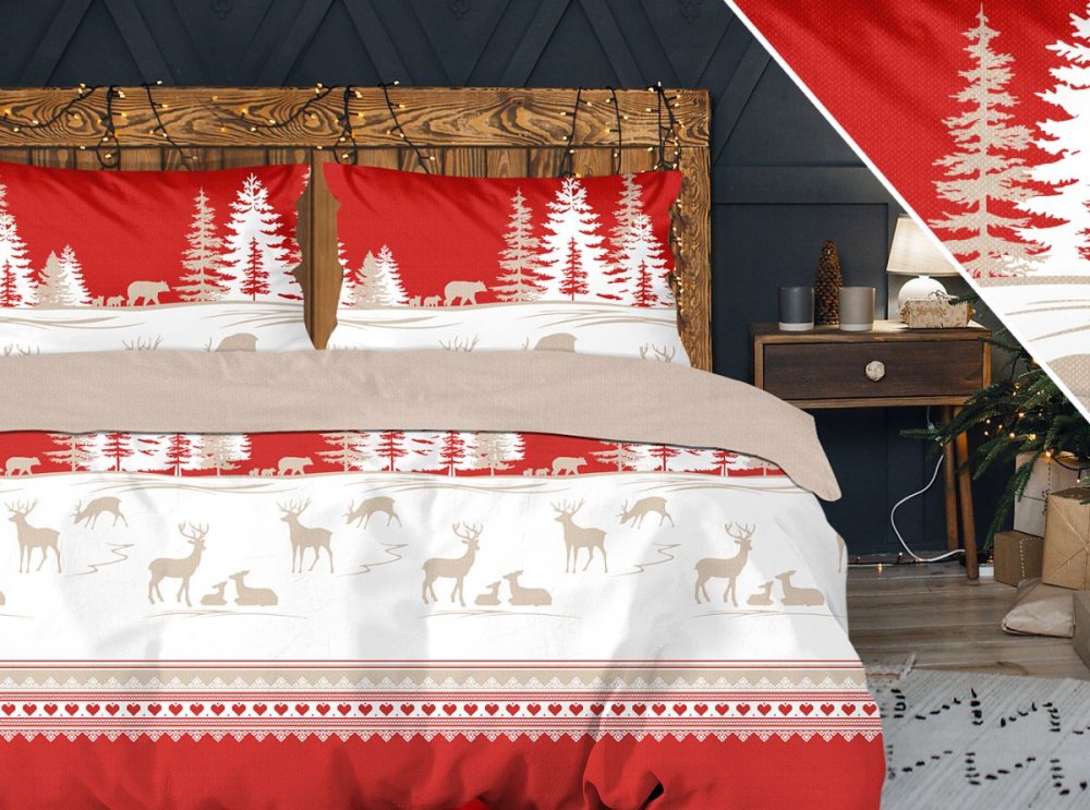 Lenjerie de pat din bumbac de calitate superioară, de culoare roșie, cu motiv de zăpadă Dimensiune: 140x200 cm | 70x80 cm