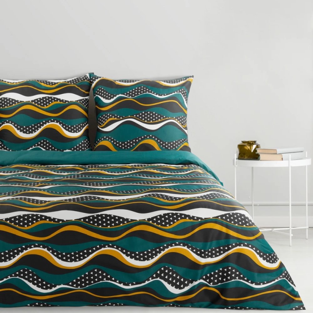 Așternuturi de pat din bumbac satinat - culoare petrol cu model geometric 2 părți: 1 buc 140x200 + 1 buc 70x80