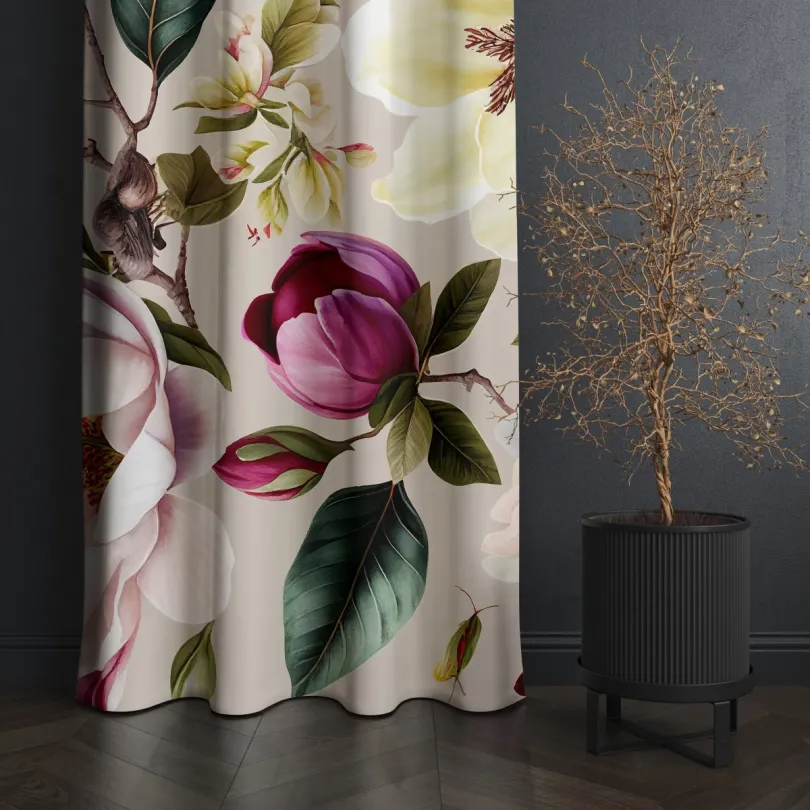 Cortină decorativă crem cu flori de magnolie Lățime: 160 cm | Lungime: 250 cm
