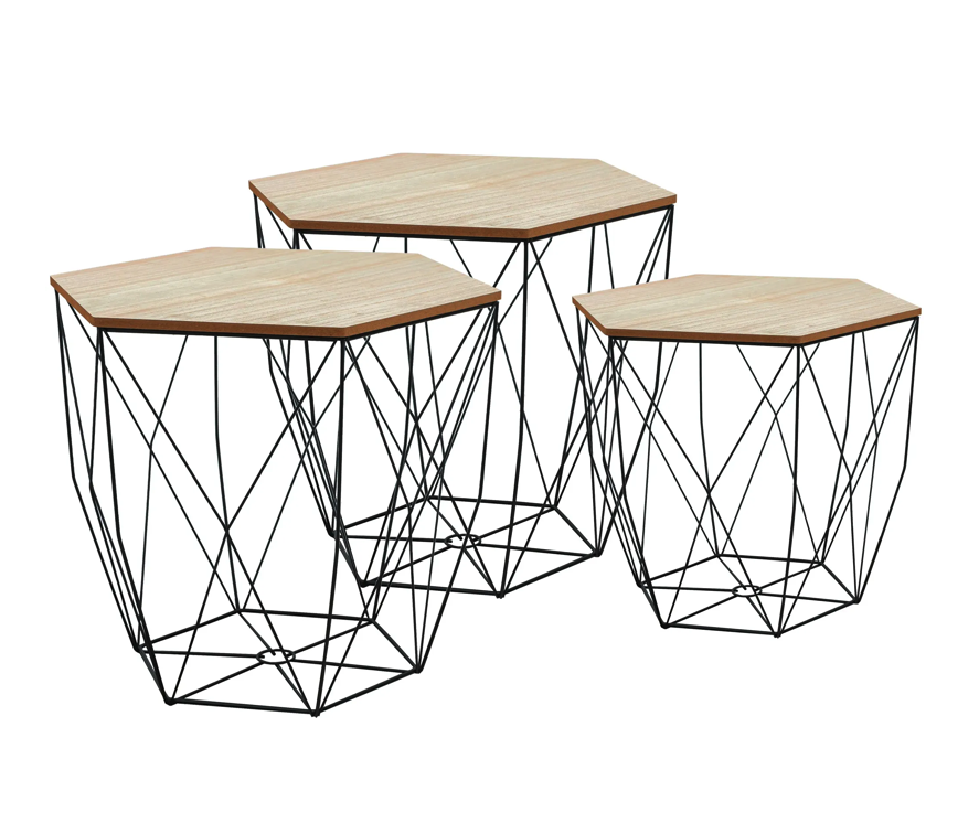 Set de trei mese de cafea elegante într-o combinație de metal și lemn