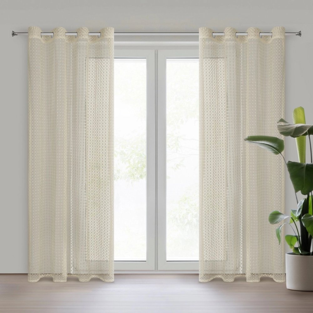 Draperie pe inele cu model romantic croșetat ajurat - bej Lățime: 140 cm | Lungime: 250 cm