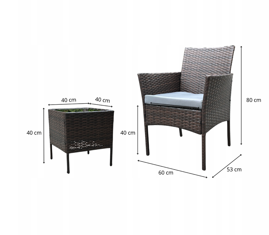Set rattan cu masă și 2 fotolii - maro natural + perne gri