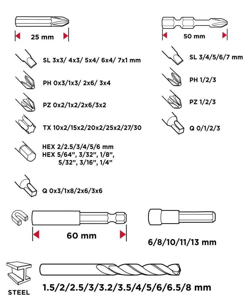 Set universal de burghie, biți și extensii 56H623 GRAPHITE - 120 bucăți