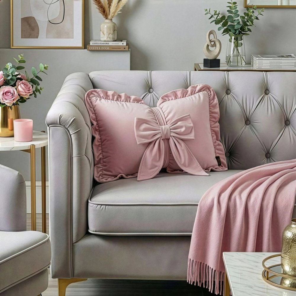 Pernă decorativă din catifea în formă de arc cu volan 35 x 55 cm Roz