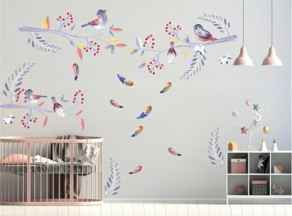 Roztomilá nálepka na zeď do dětského pokoje ptáčci a halenky 80 x 160 cm