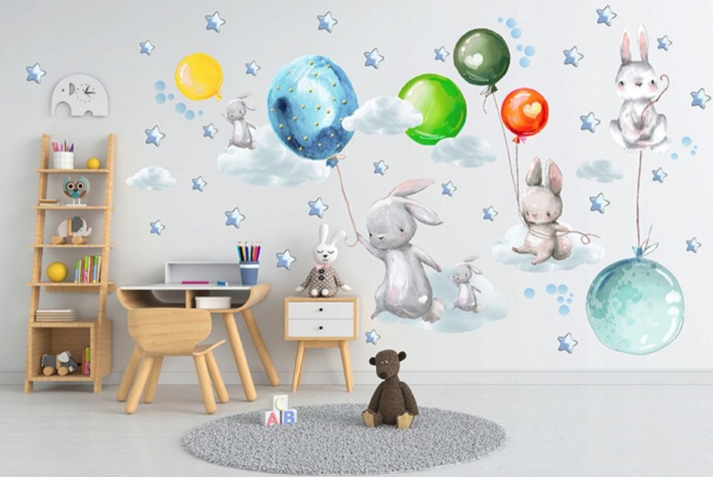 Nálepky do dětského pokoje zajíčci s barevnými balóny 60 x 120 cm