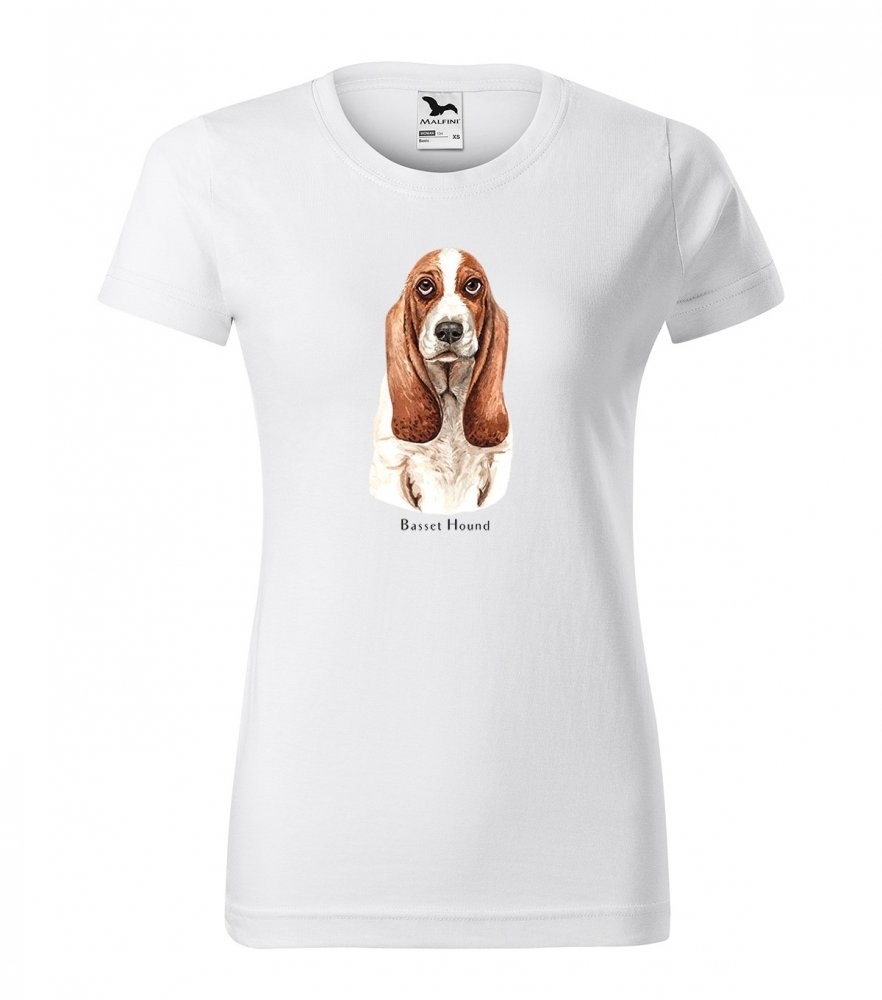 Trendy dámske bavlnené tričko s potlačou poľovníckeho psa basset Bílá L
