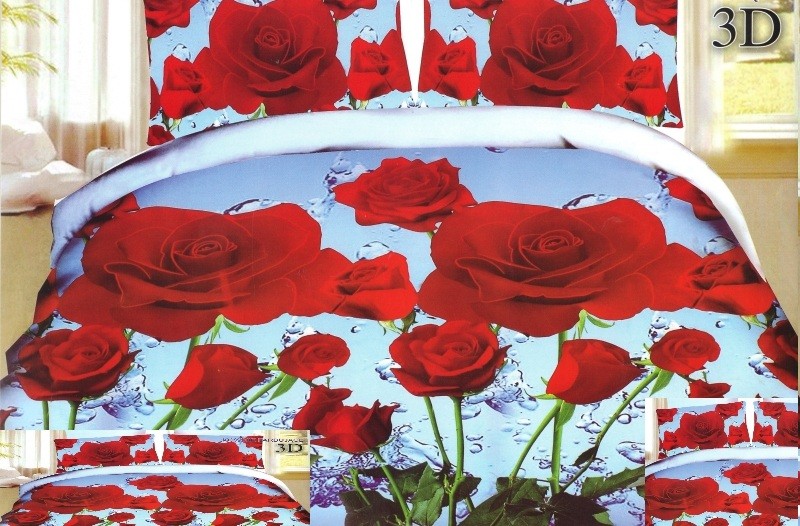 Povlak na postel modrý s motivy červených růží