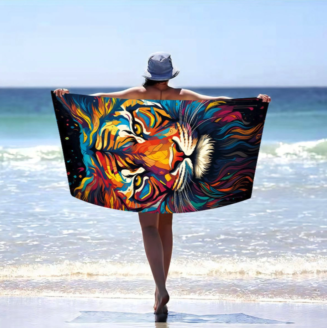 Prosop de plajă tigru colorat - motiv exotic, uscare rapidă 100x180 cm