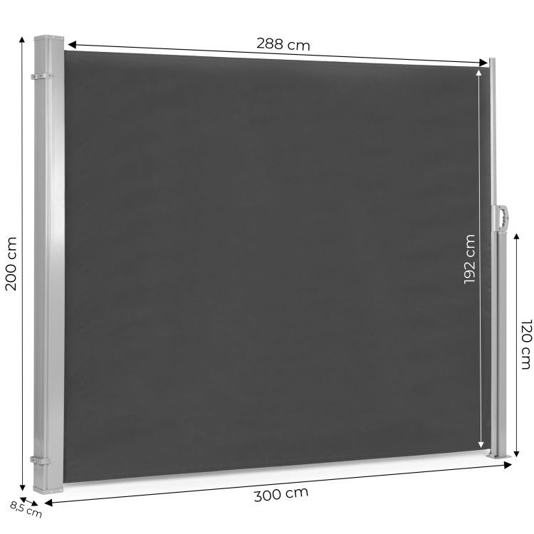 Bočnáantracitovámarkízanaterasuabalkón–výsuvnároleta,clonaprotivetruaslnkuŠírka:300cm|Dĺžka:180cm