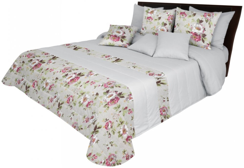 Világosszürke kétoldalas ágytakaró romantikus virágmintával Szélesség: 220 cm | Hossz: 240 cm.