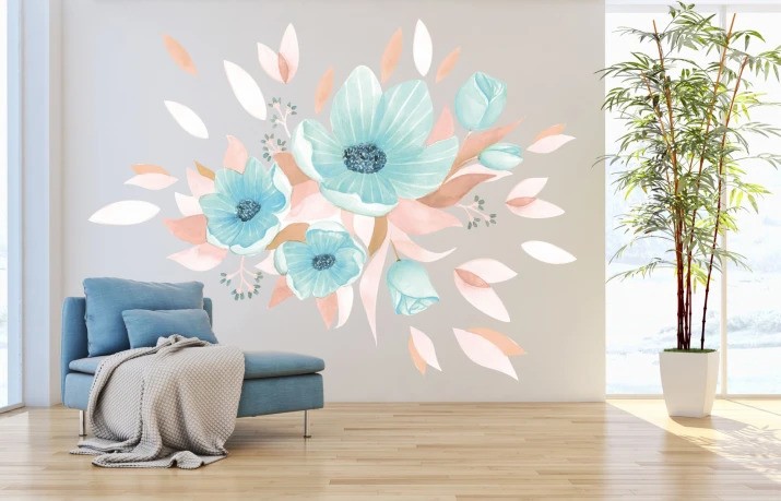 Nálepka na zeď do interiéru kytice modrých květin 50 x 100 cm