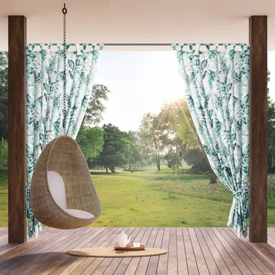 Draperie impermeabilă pentru foișor - albă, cu motive de frunze Lățime: 155 cm | Lungime: 220 cm