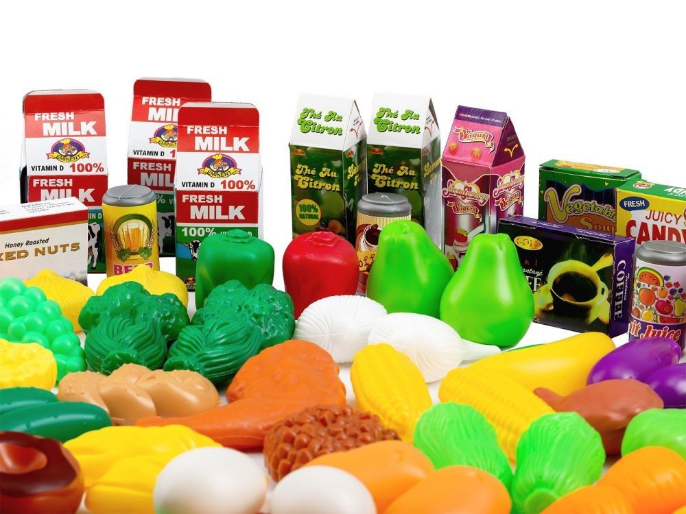 Set din plastic de 120 de elemente pentru bucătăria sau micul magazin al copiilor