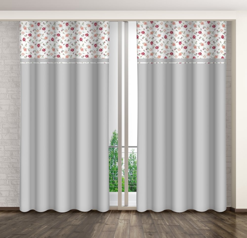 Világosszürke dekoratív függöny rózsaszín és piros rózsákkal nyomtatva Szélesség: 160 cm | Hossz: 270 cm