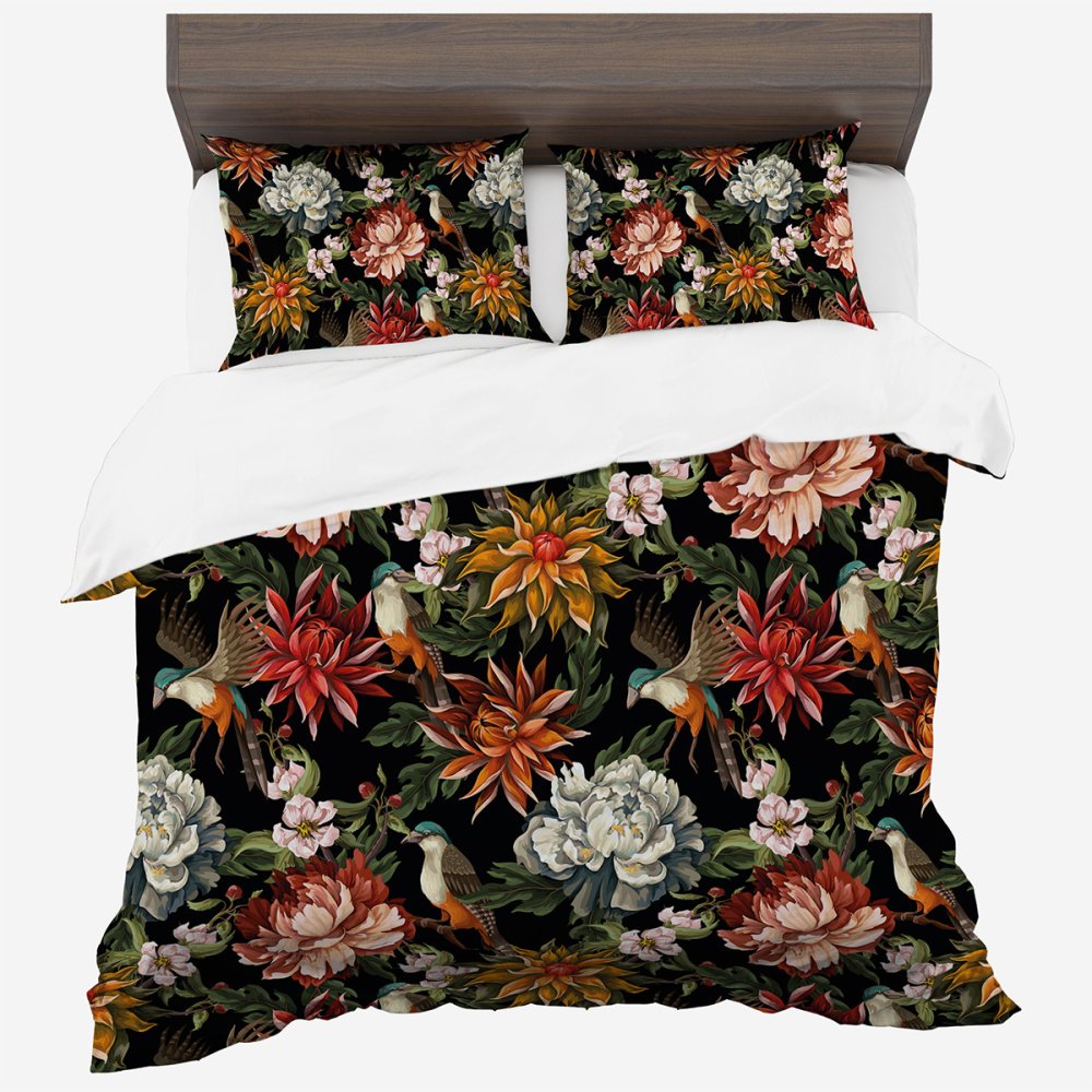 Cearșafuri din bumbac sintetic cu model floral - negru Latime: 140 cm | Lungime: 200 cm
