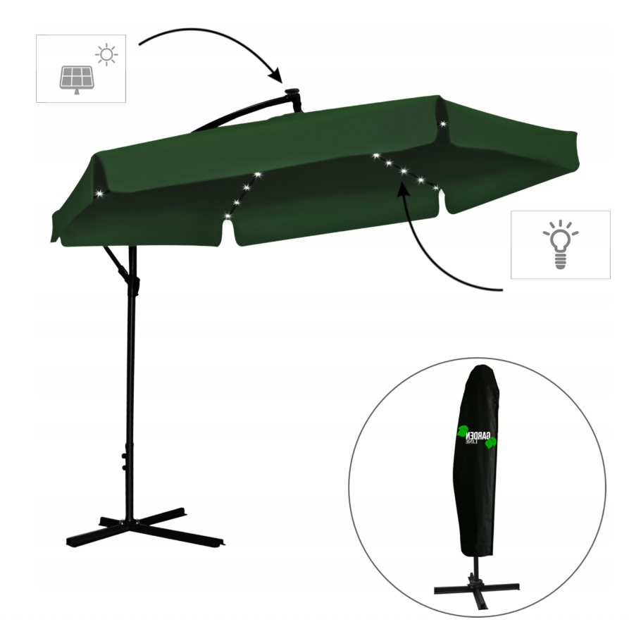 Umbrelă de grădină verde cu suport și iluminare LED