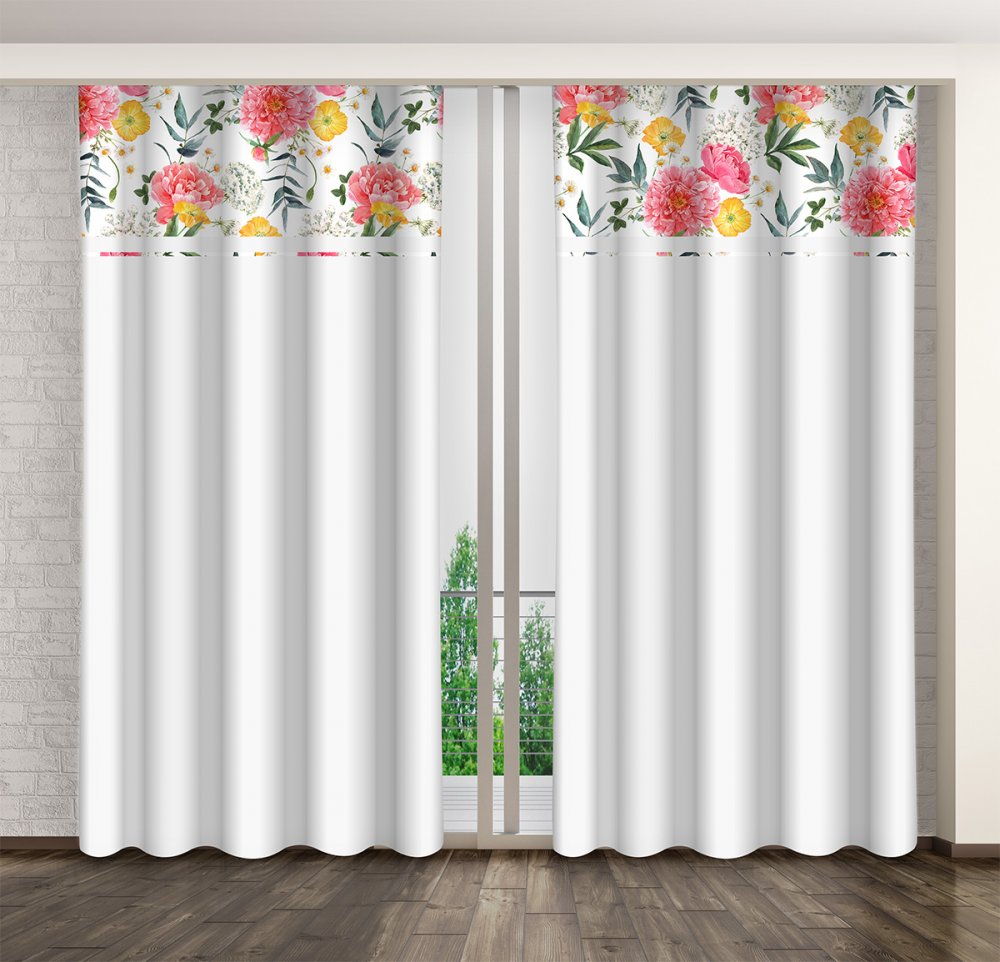 Klasszikus fehér függöny gyönyörű rózsaszín bazsarózsákkal nyomtatva Szélesség: 160 cm | Hossz: 270 cm