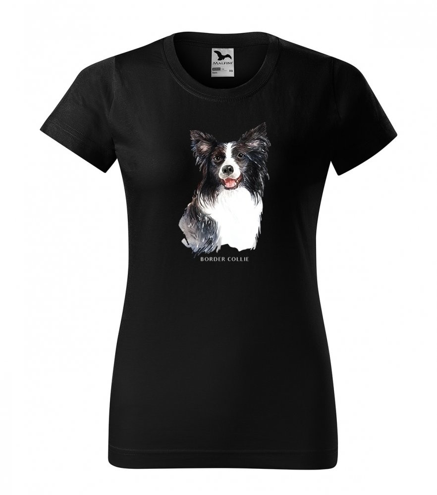 Dámské bavlněné tričko s módním potiskem psa border kolie Černá S