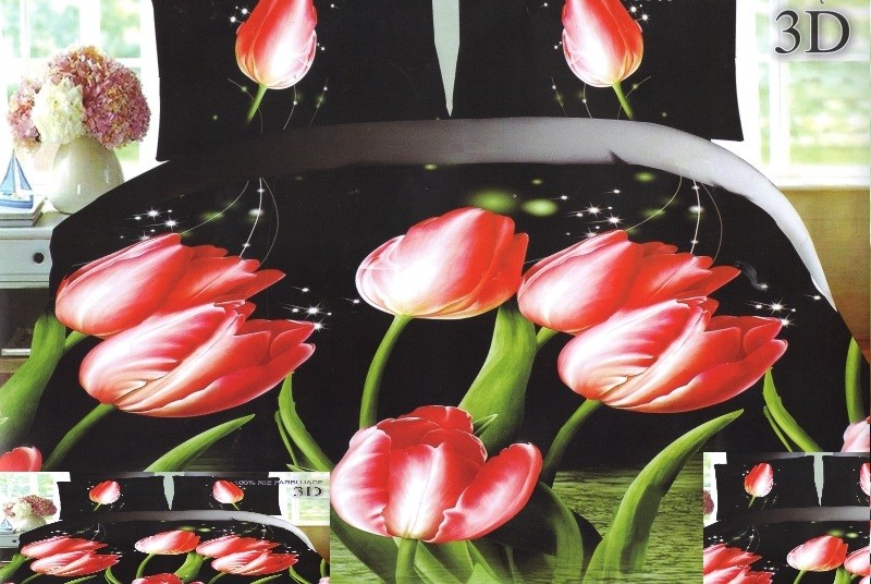 Červené tulipány ložní povlak černé barvy