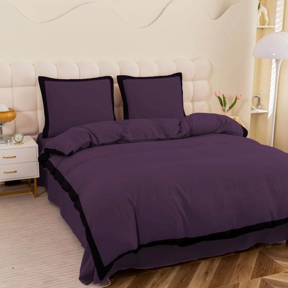 Cearșafuri din bumbac sintetic - violet cu margine neagră 3 părți: 1 buc 160x200 + 2 buc 70x80