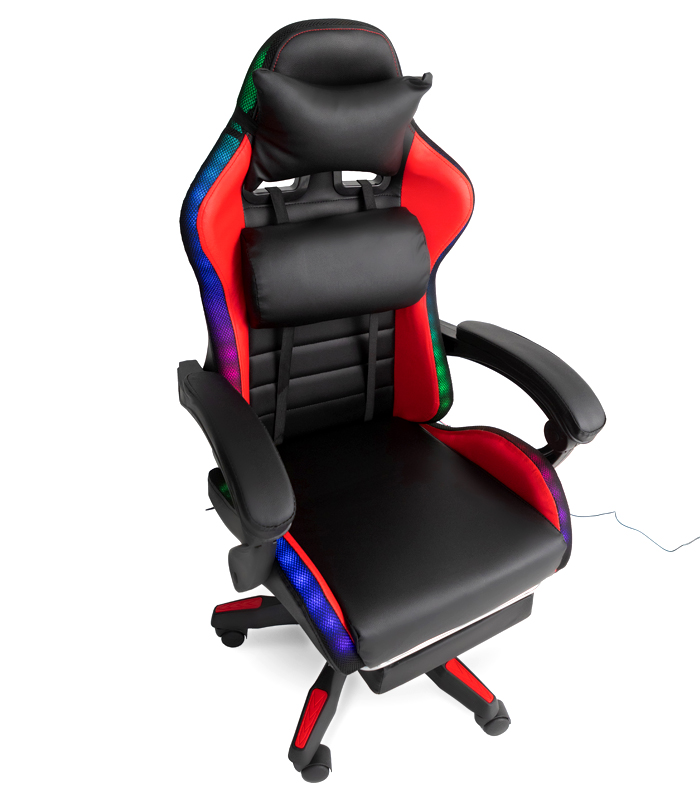 Scaun de gaming LED cu suport pentru picioare pliabil și funcție de masaj - roșu
