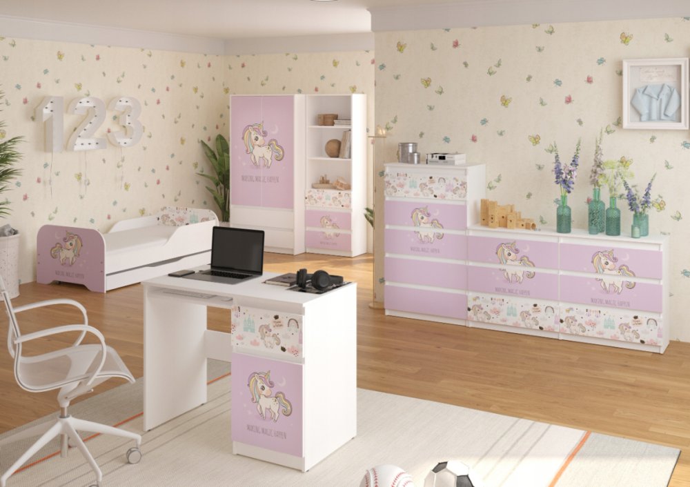 Pat pentru copii 140 x 70 cm cu motiv unicorn roz
