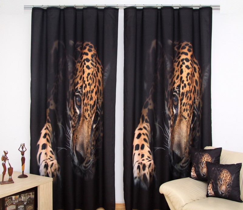 Černé závěsy do oken s motivem geparda Šířka: 160 cm | Délka: 250 cm (v sadě 1 kus)