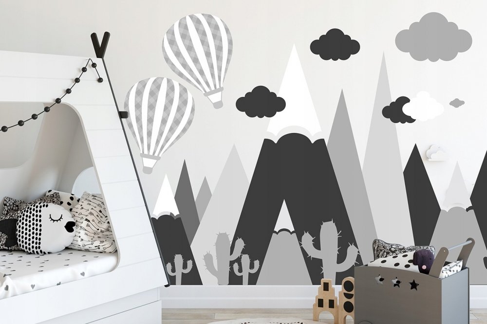 Moderní černě šedá nálepka na zeď hory a létající balóny 100 x 200 cm