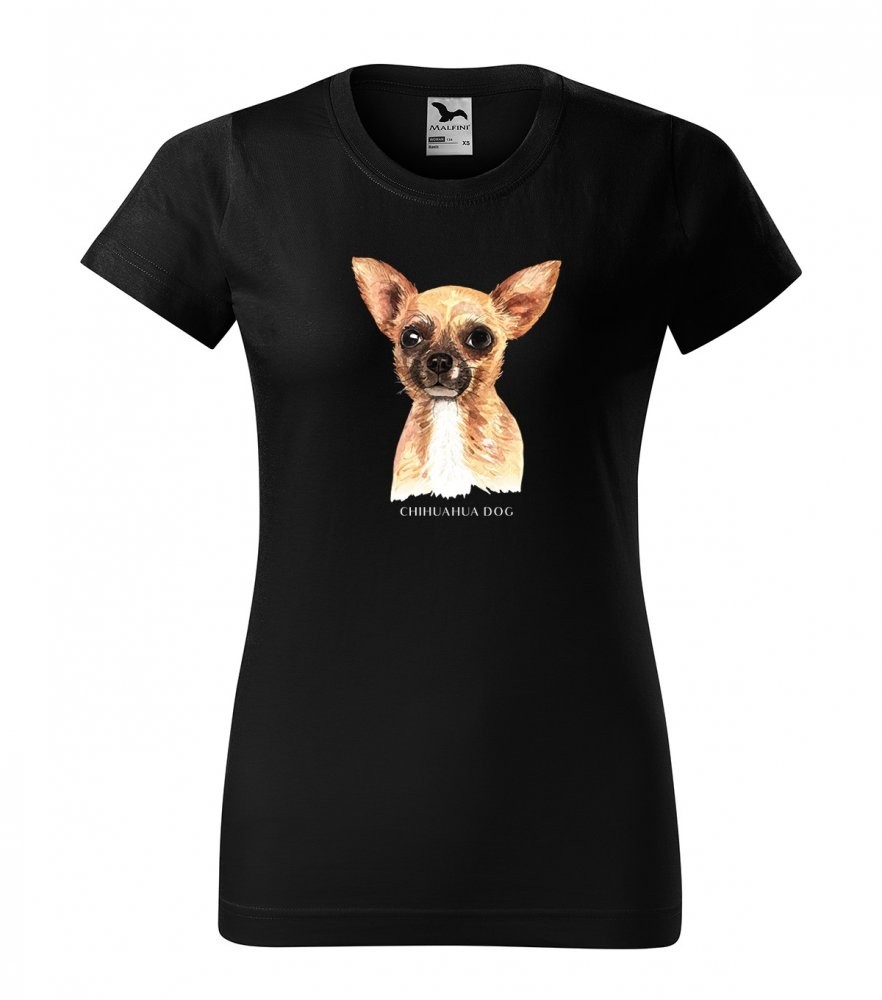 Stylové dámské tričko bavlněné s potiskem psa čivava XS Černá