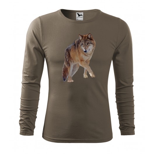 Pánské lovecké tričko s kvalitním potiskem vlka s dlouhým rukávem Army S