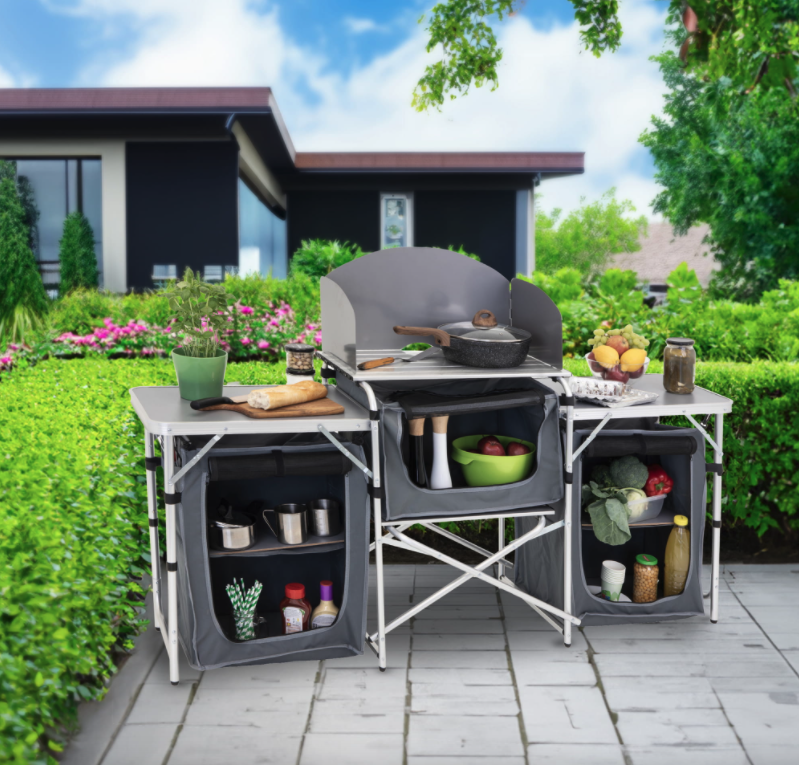 Bucătărie mare de camping pliabilă cu 3 compartimente 175 x 47 cm - gri