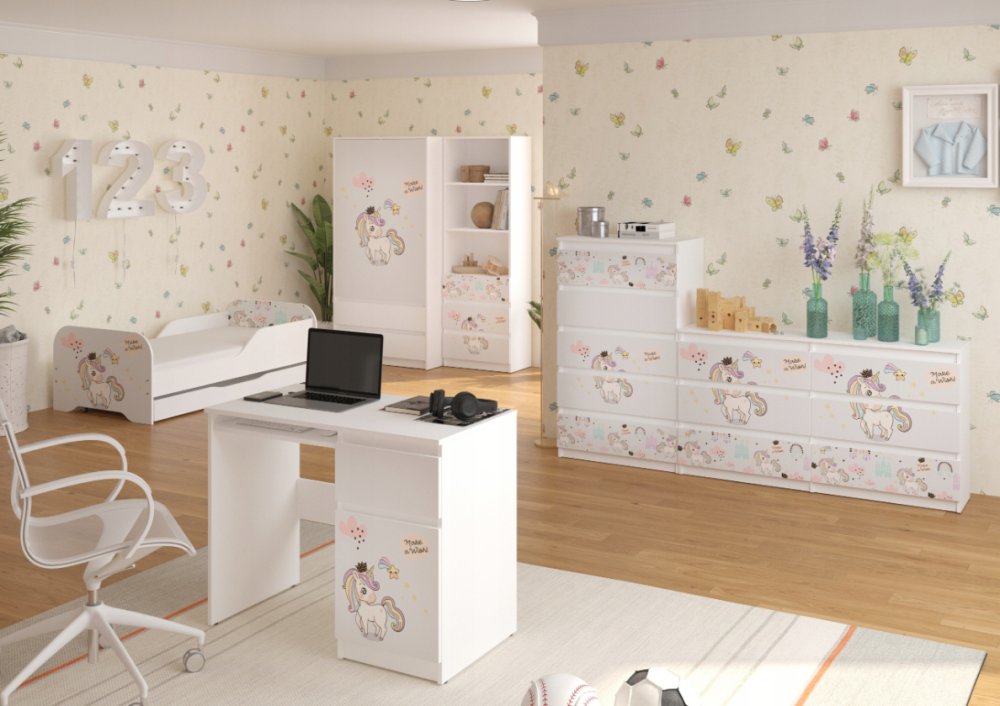 Pat pentru copii 140 x 70 cm cu motiv de unicorn curcubeu