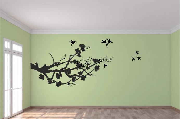 Nálepka na zeď do interiéru větev stromu a létající ptáci 50 x 100 cm