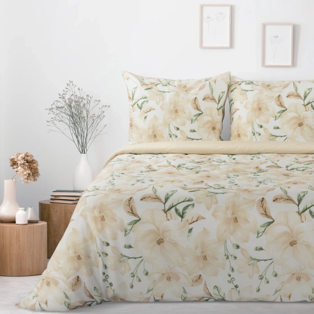 Cearșafuri moi din bumbac cu un model de flori mari bej 2 părți: 1 buc 140x200 + 1 buc 70x80
